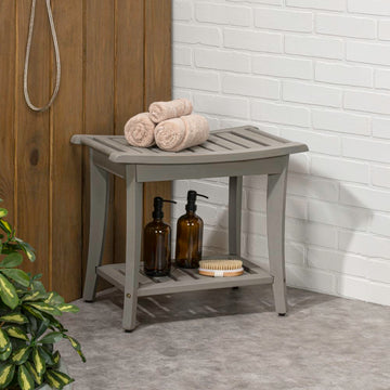 Tucker 22.1" Traditional Classic Slatted Solid Acacia Wood Indoor/Outdoor Shower Bench with Shelf and Handle